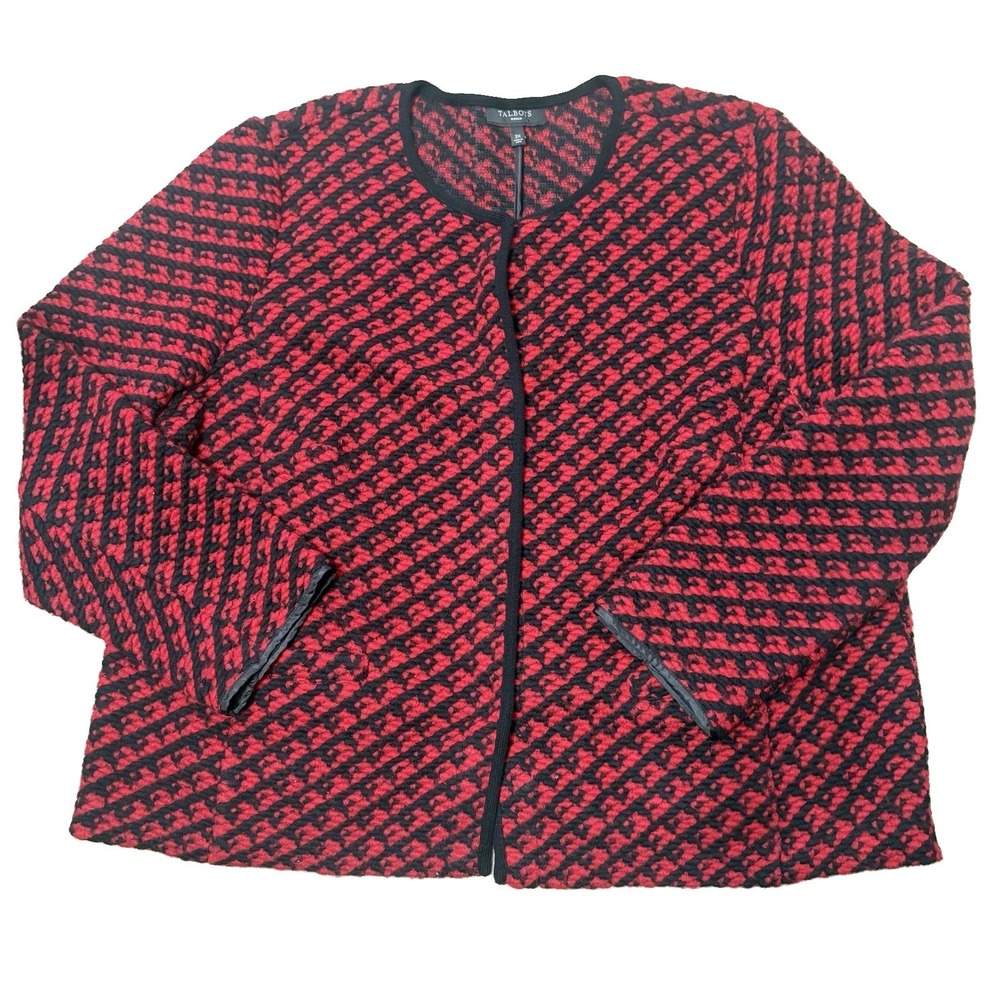 Talbots Knit Cardigan Jacket Size 3X Plus Red Black Preppy Grandma Core Snap